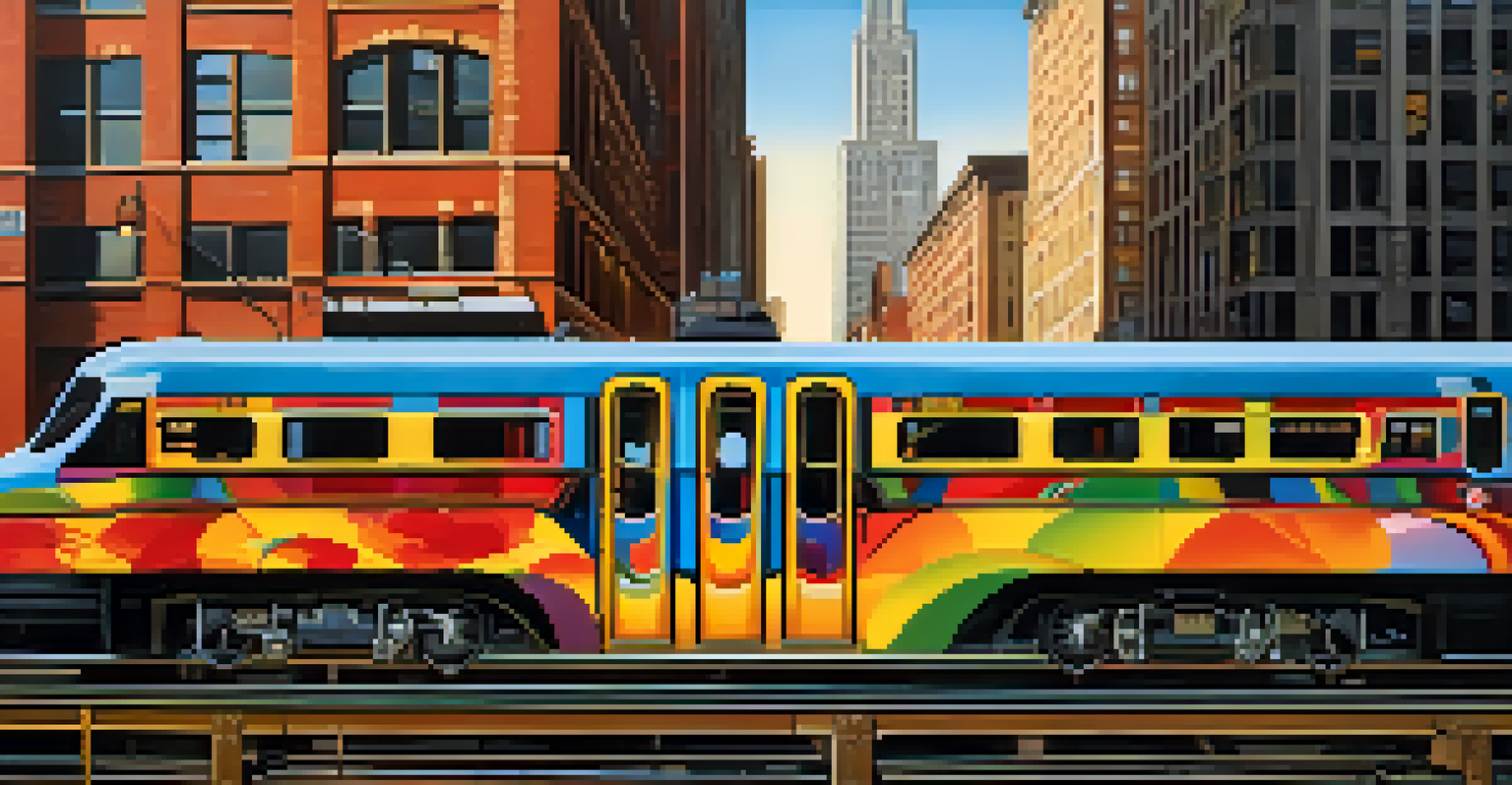 A colorful mural on a bridge with a Chicago 'L' train passing by, illuminated by the warm glow of the setting sun.