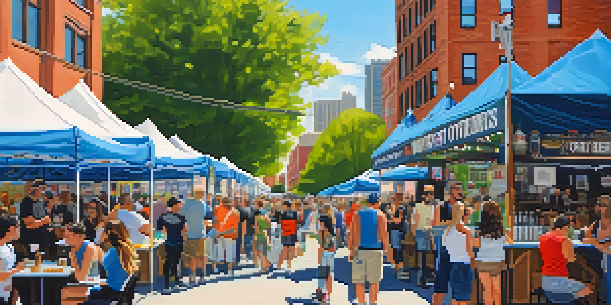 A lively craft beer festival in Chicago with colorful booths, people enjoying beer samples, and food vendors.