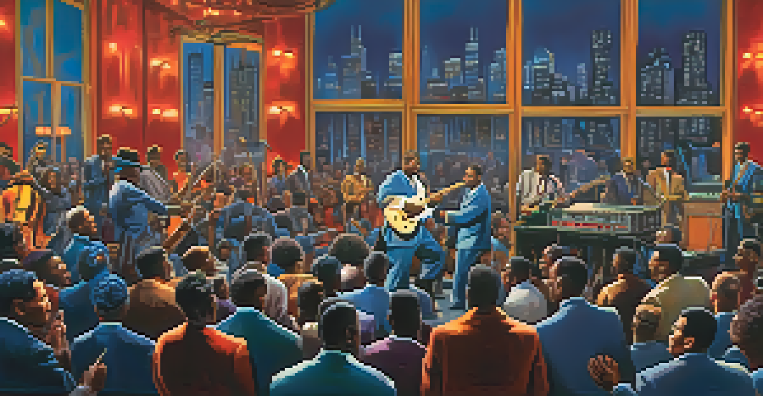 A dynamic blues performance in Chicago during the 1950s, showcasing iconic musicians and a lively audience.