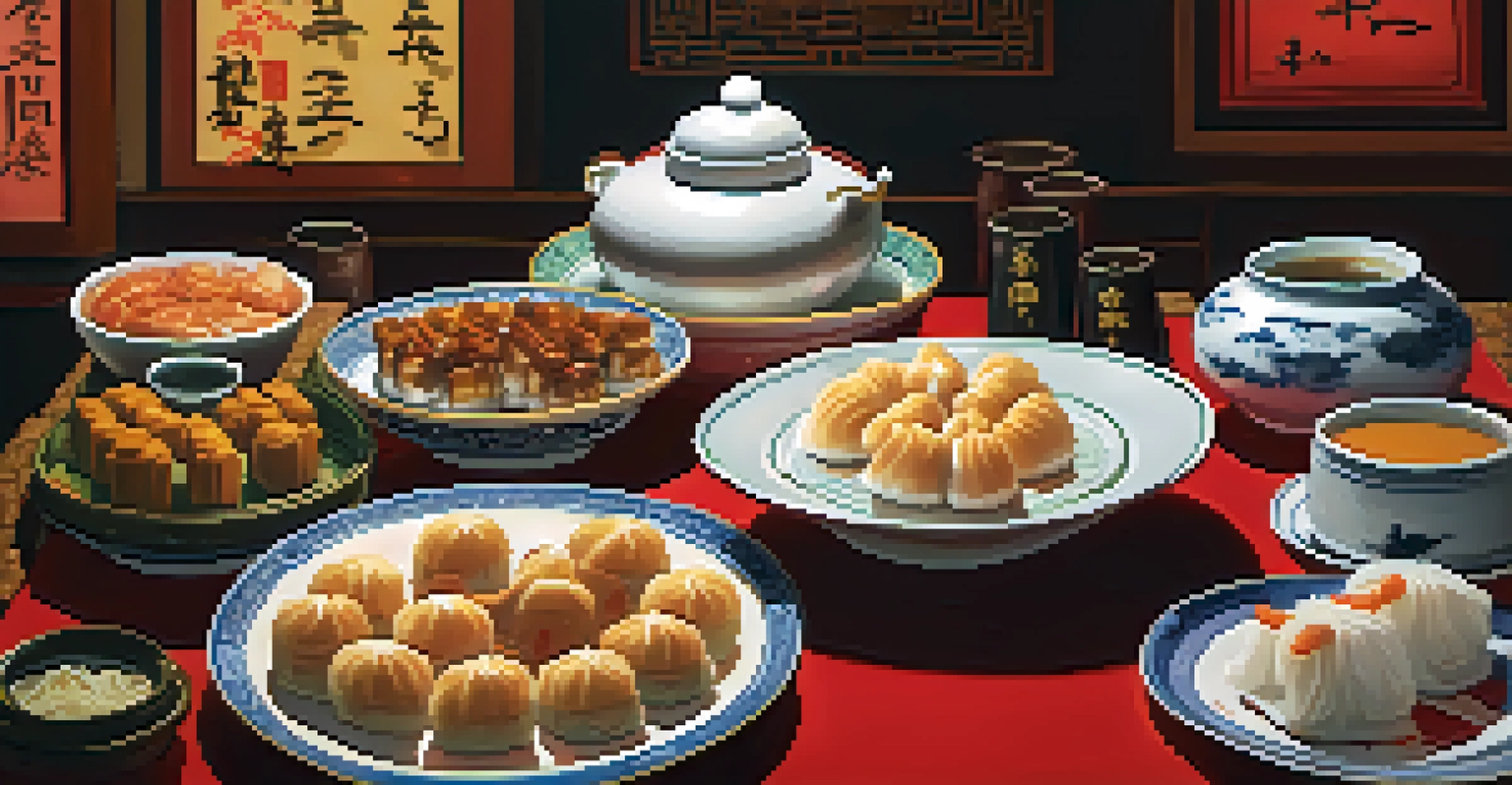 A beautifully arranged table in a Chinese restaurant showcasing a variety of dishes including dim sum and Peking duck.