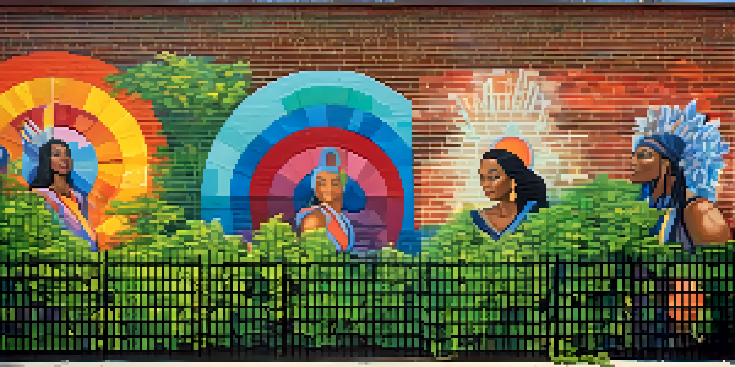 A colorful mural depicting community unity on a brick wall, featuring diverse faces and symbols of peace, with greenery around it.