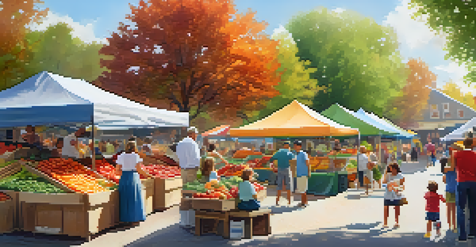 A family at a farmers market, with children engaged in cooking activities, surrounded by colorful stalls and a festive atmosphere.