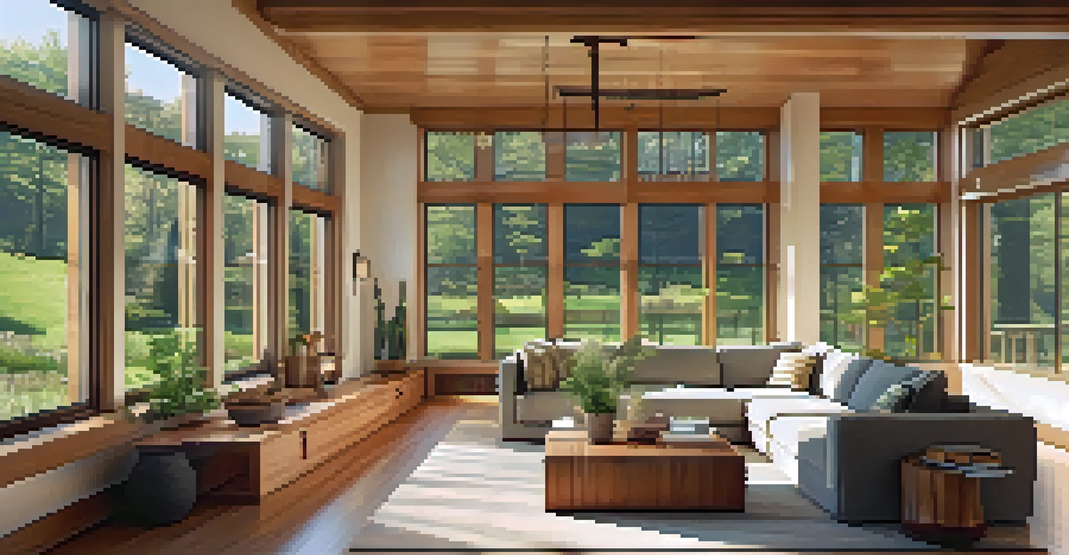 An open interior of a Prairie School home with large windows, built-in wooden furniture, and a cozy seating area, illuminated by natural light.