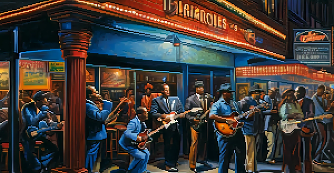 A busy blues club in Chicago with musicians on stage, playing electric instruments and a lively audience enjoying the performance.
