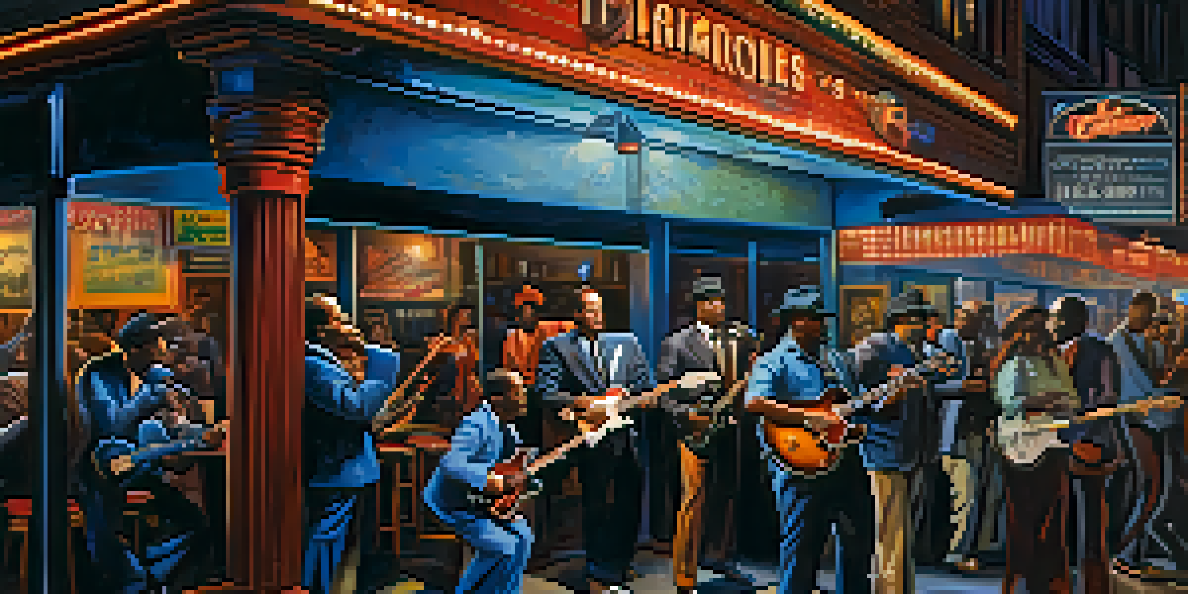 A busy blues club in Chicago with musicians on stage, playing electric instruments and a lively audience enjoying the performance.
