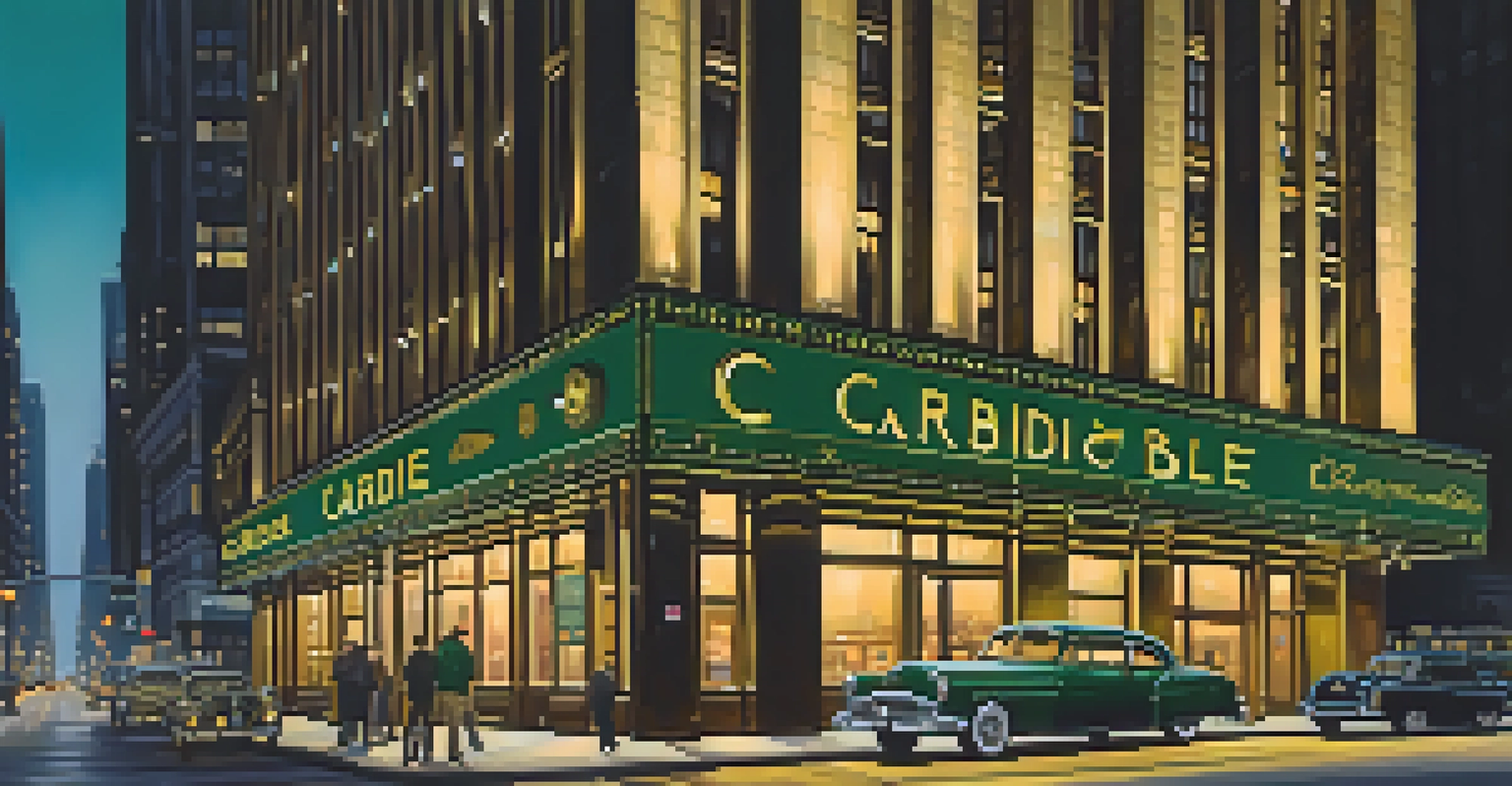 The Carbide & Carbon Building lit up at night, featuring its green and gold facade.
