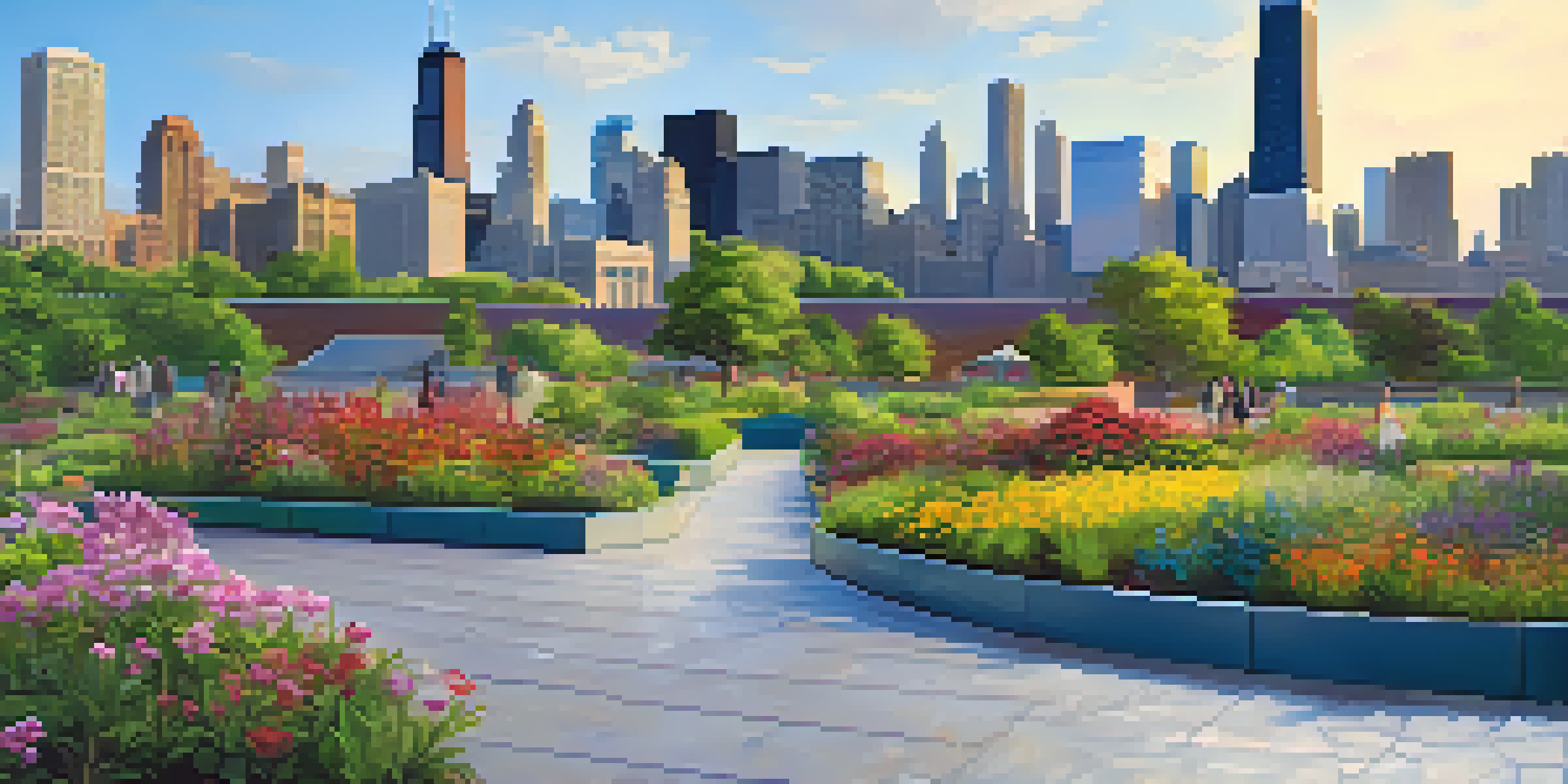 A colorful cityscape of Chicago with green roofs, permeable pavements, and blooming rain gardens under a sunny sky.