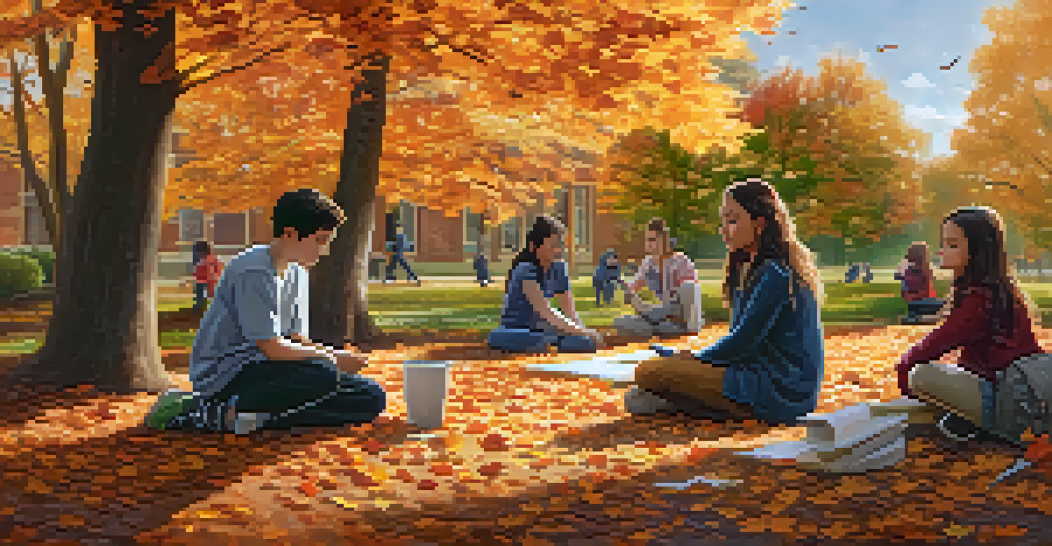 A mentor kneeling beside a young student discussing educational goals in a community program setting surrounded by nature.