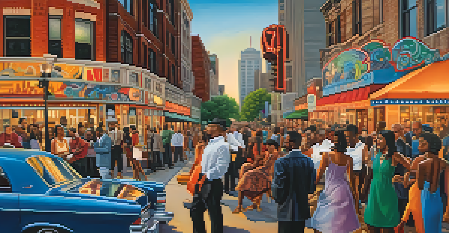 A lively scene showcasing Chicago's cultural heritage with musicians playing jazz and blues in a vibrant neighborhood.