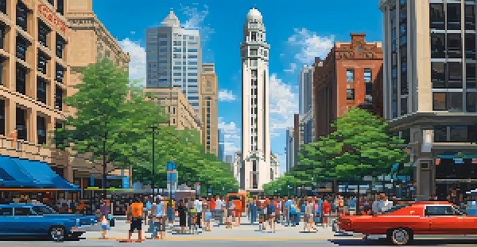 A busy street scene on the Magnificent Mile in Chicago, featuring the Chicago Water Tower and the Museum of Contemporary Art, with people and colorful shopping bags.