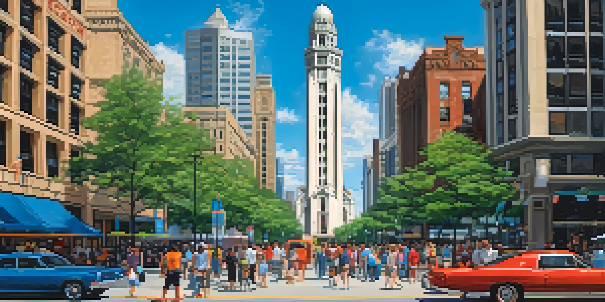 A busy street scene on the Magnificent Mile in Chicago, featuring the Chicago Water Tower and the Museum of Contemporary Art, with people and colorful shopping bags.