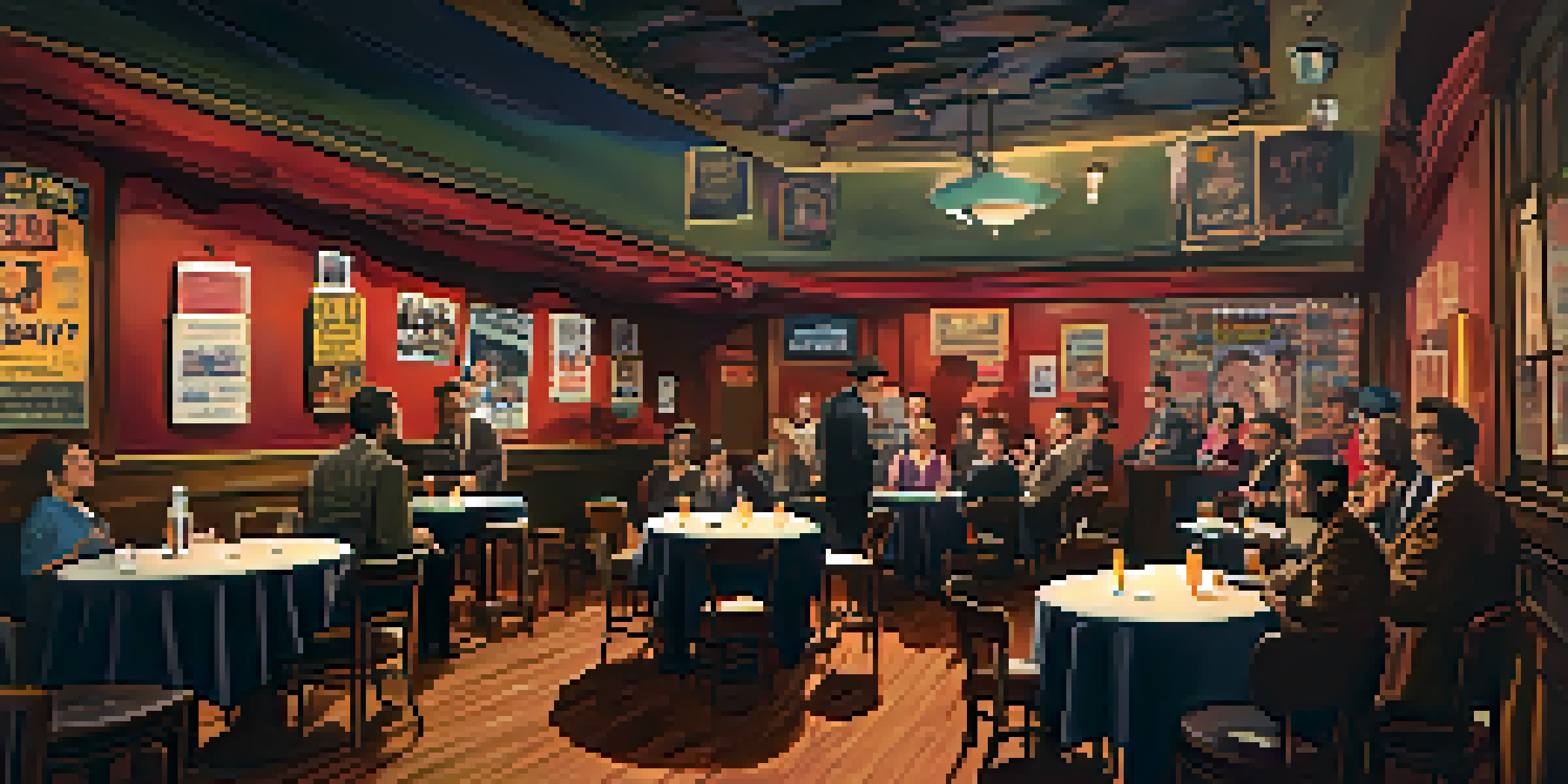 A warm and inviting comedy club with a stage, microphone, and laughing audience, decorated with vintage comedy posters.