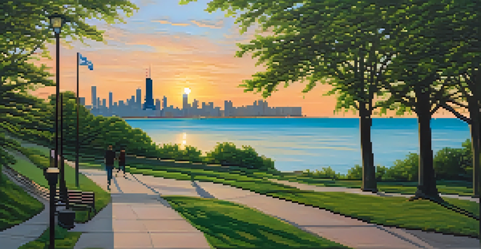 A beautiful sunrise over Lake Michigan, with the Lakefront Trail in the foreground and the Chicago skyline in the background.