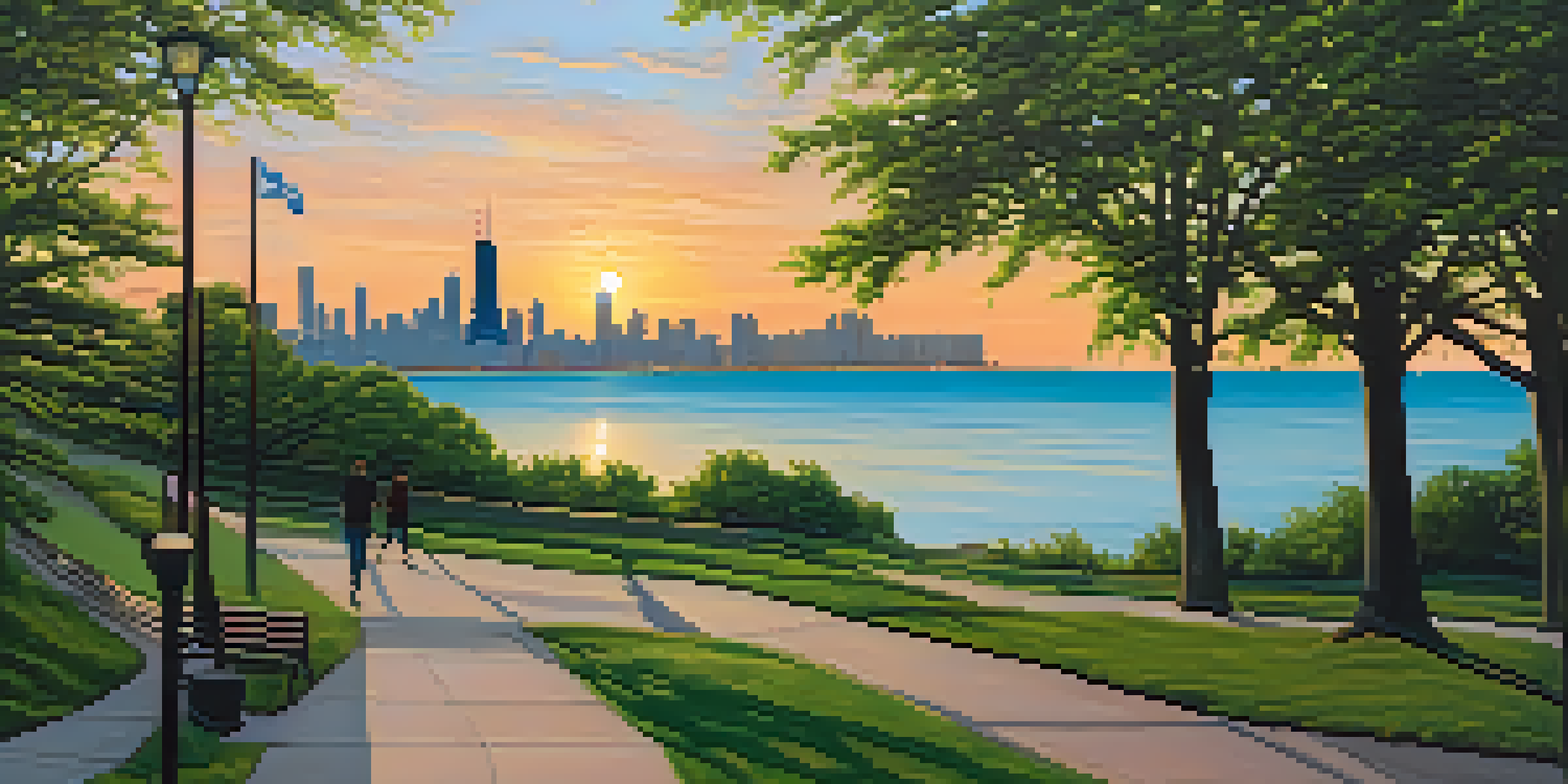 A beautiful sunrise over Lake Michigan, with the Lakefront Trail in the foreground and the Chicago skyline in the background.