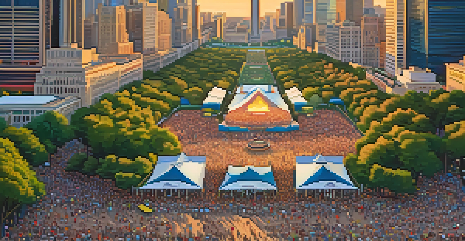 An aerial view of a music festival in Grant Park, showing stages, food vendors, and large crowds under a sunset sky.
