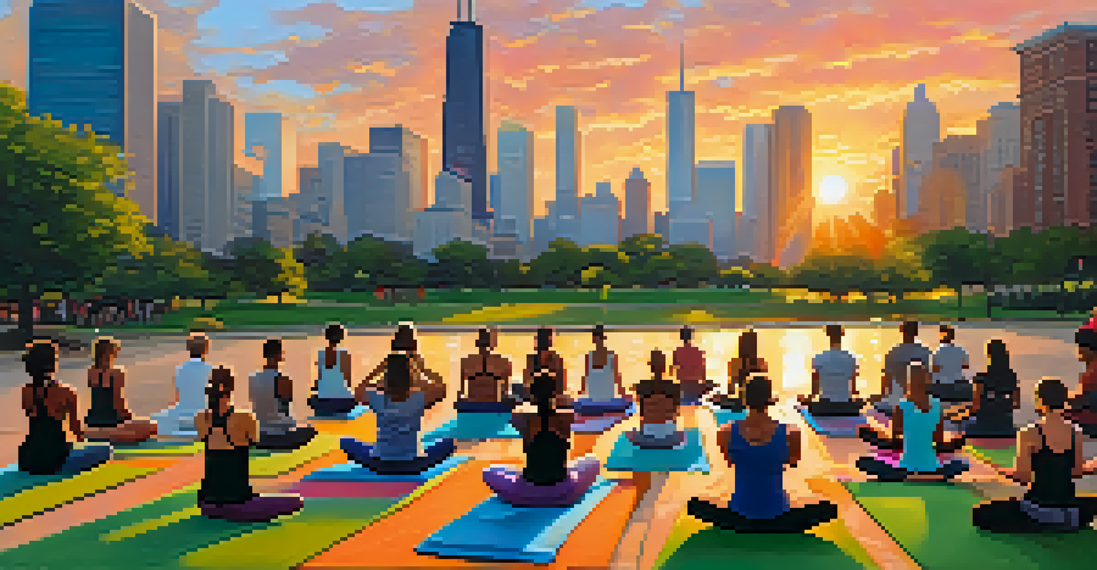 Participants practicing yoga outdoors in a Chicago park during a colorful sunset.