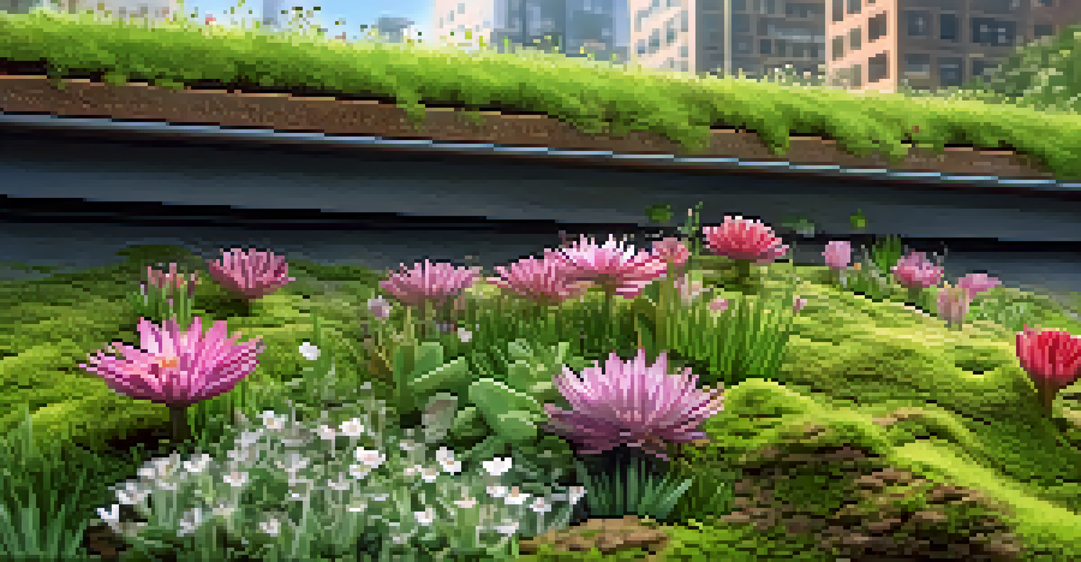 Close-up of a lush green roof with various plants, showing textures of soil and glistening raindrops under sunlight.