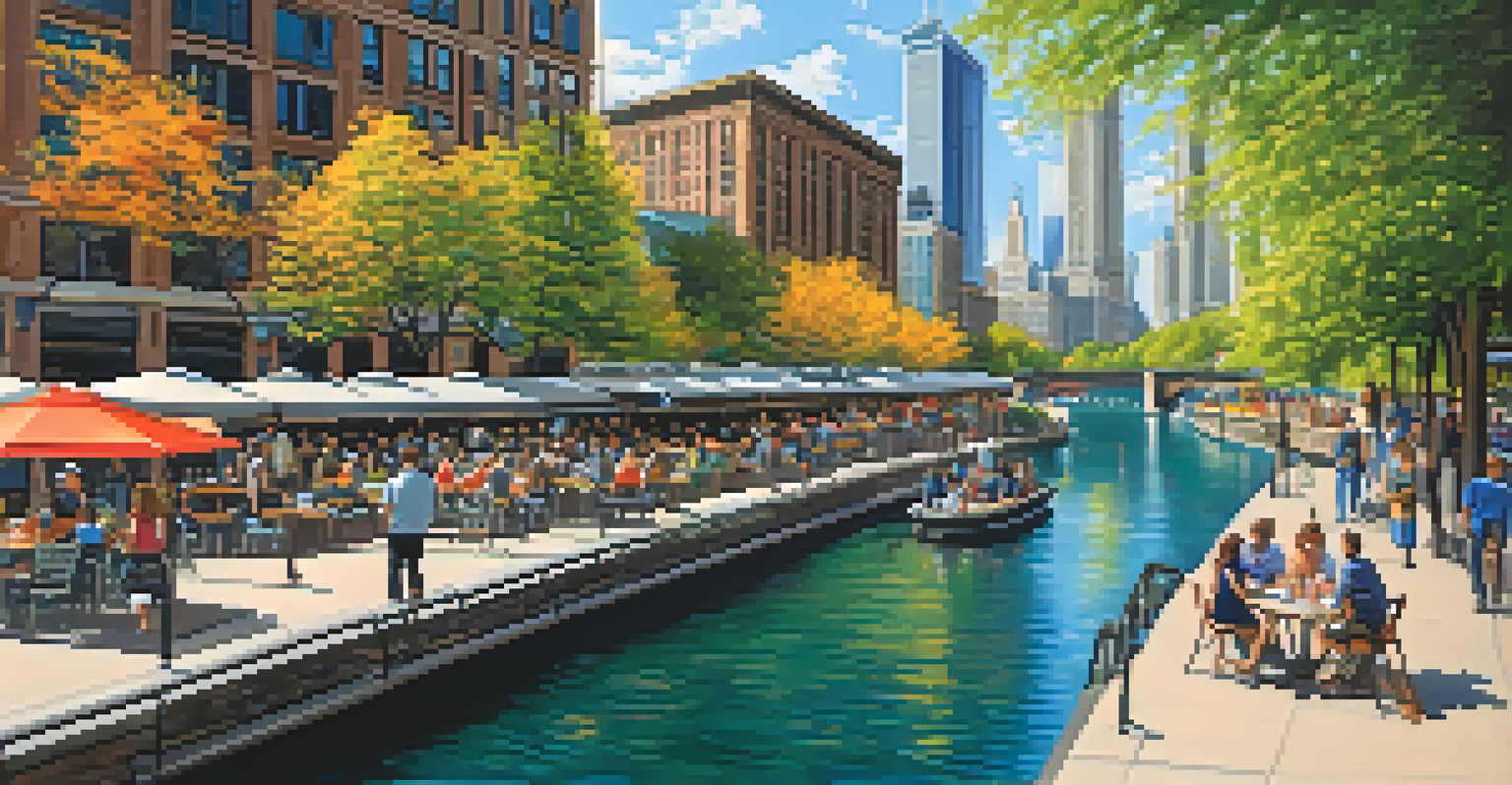 A view of the Chicago Riverwalk with people enjoying the waterfront and city skyline.