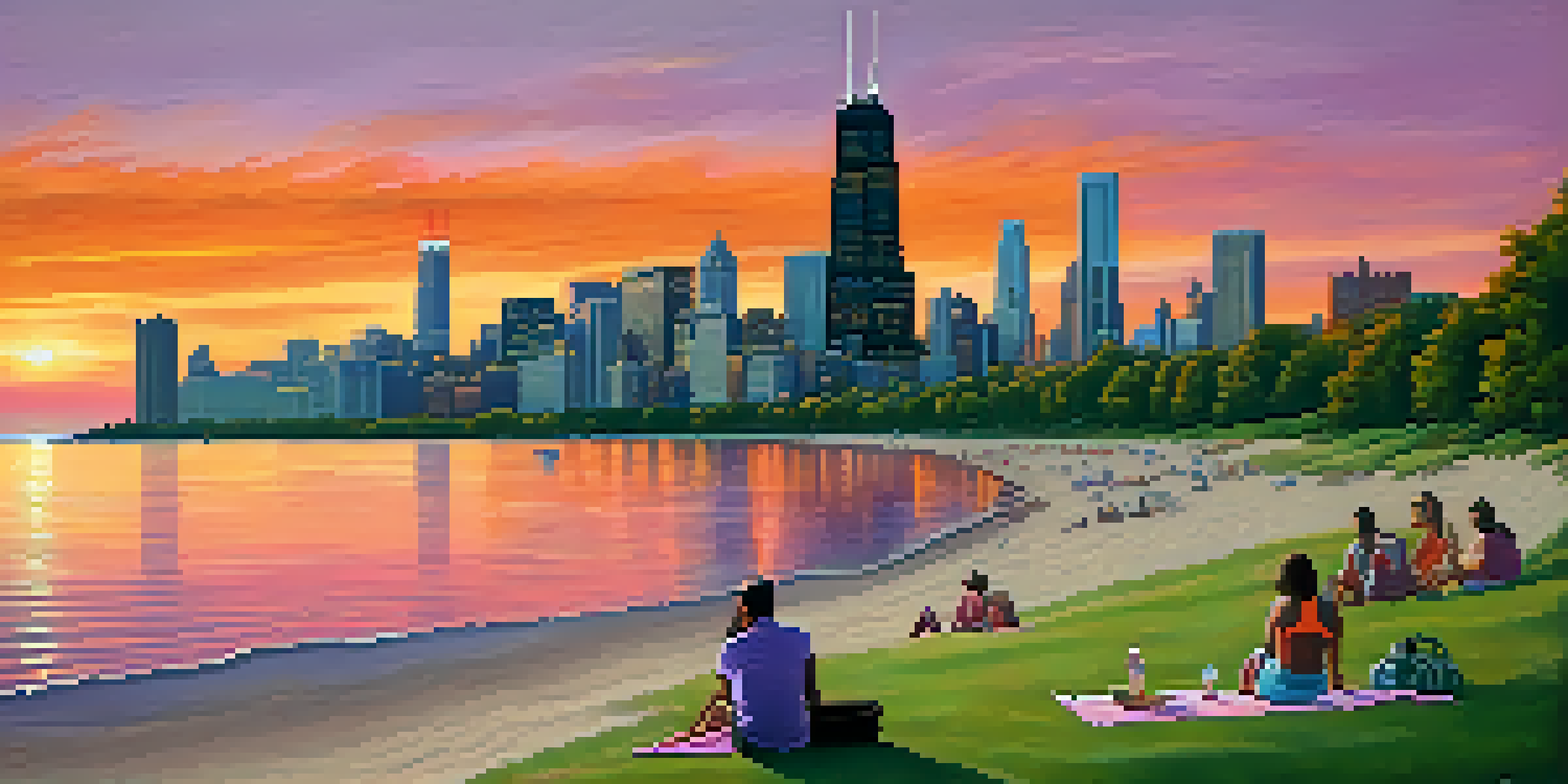 A beautiful sunset over Lake Michigan, with colorful skies and a beach scene filled with people and greenery in the foreground.