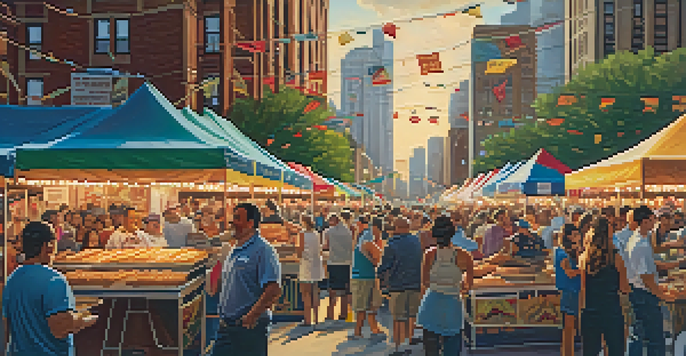 A lively food festival in Chicago with various food stalls and immigrant chefs cooking traditional dishes, set against a colorful sunset.