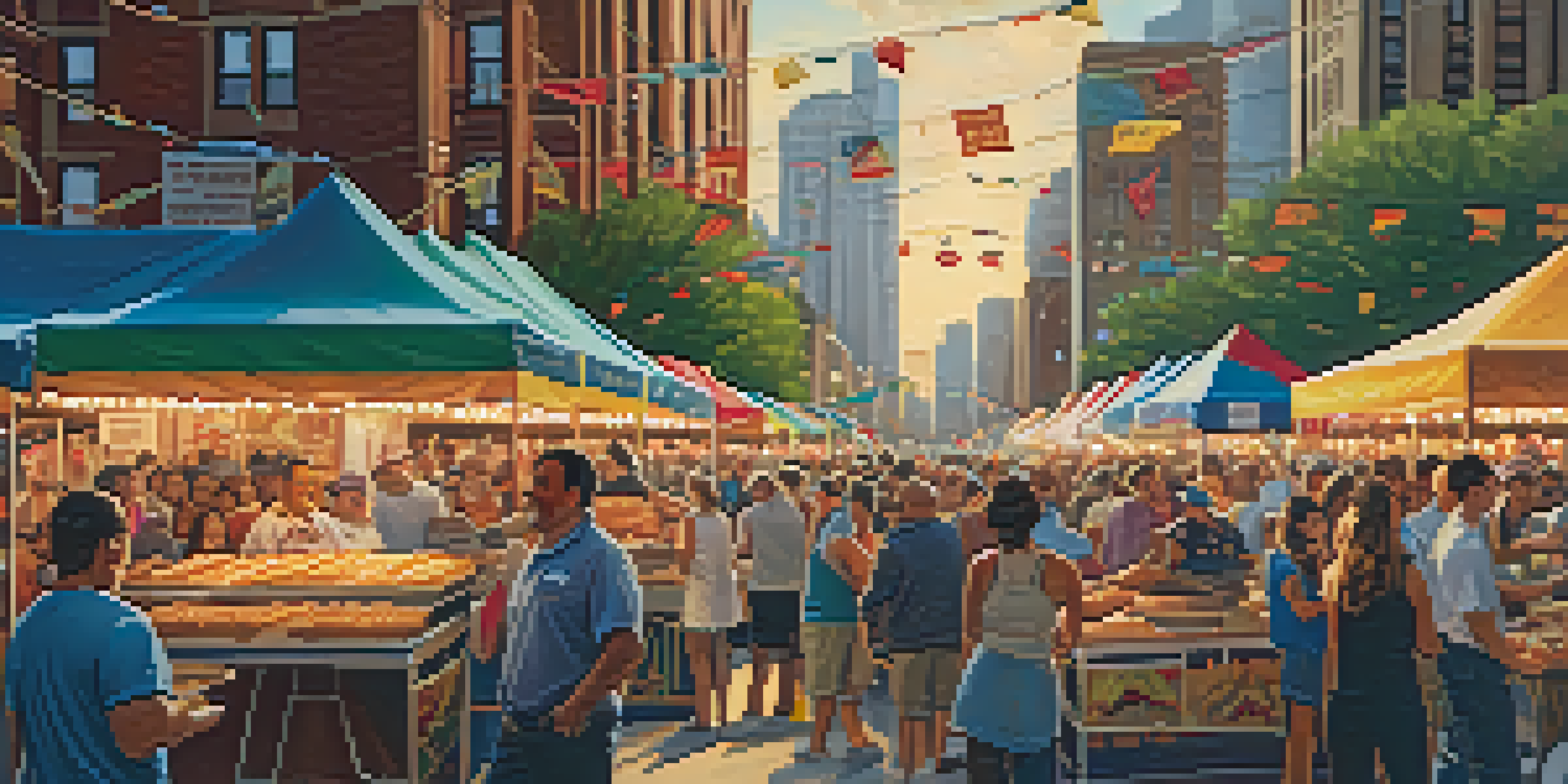 A lively food festival in Chicago with various food stalls and immigrant chefs cooking traditional dishes, set against a colorful sunset.