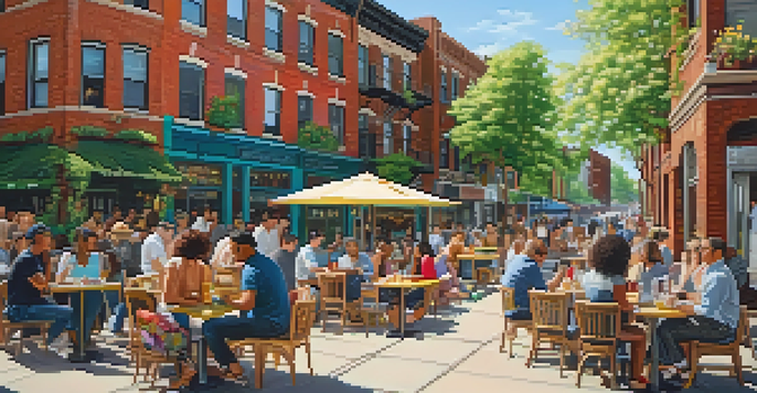 A lively street in Wicker Park, Chicago, featuring colorful murals and people dining at outdoor cafes under sunlight.