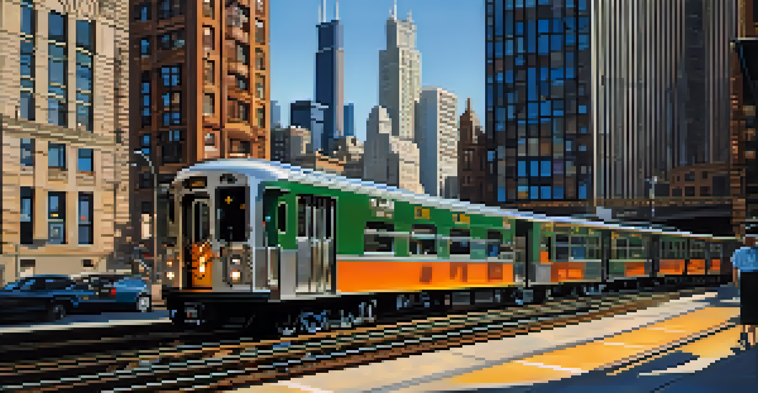 A Chicago train traveling above the streets with the skyline in the background, showcasing urban commuting.
