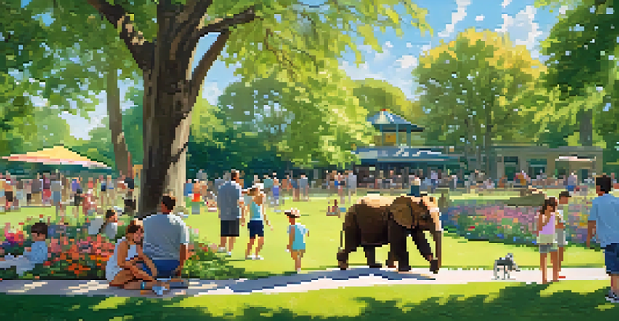 Families enjoying a sunny day at Lincoln Park Zoo, with children observing animals and parents relaxing on the grass.