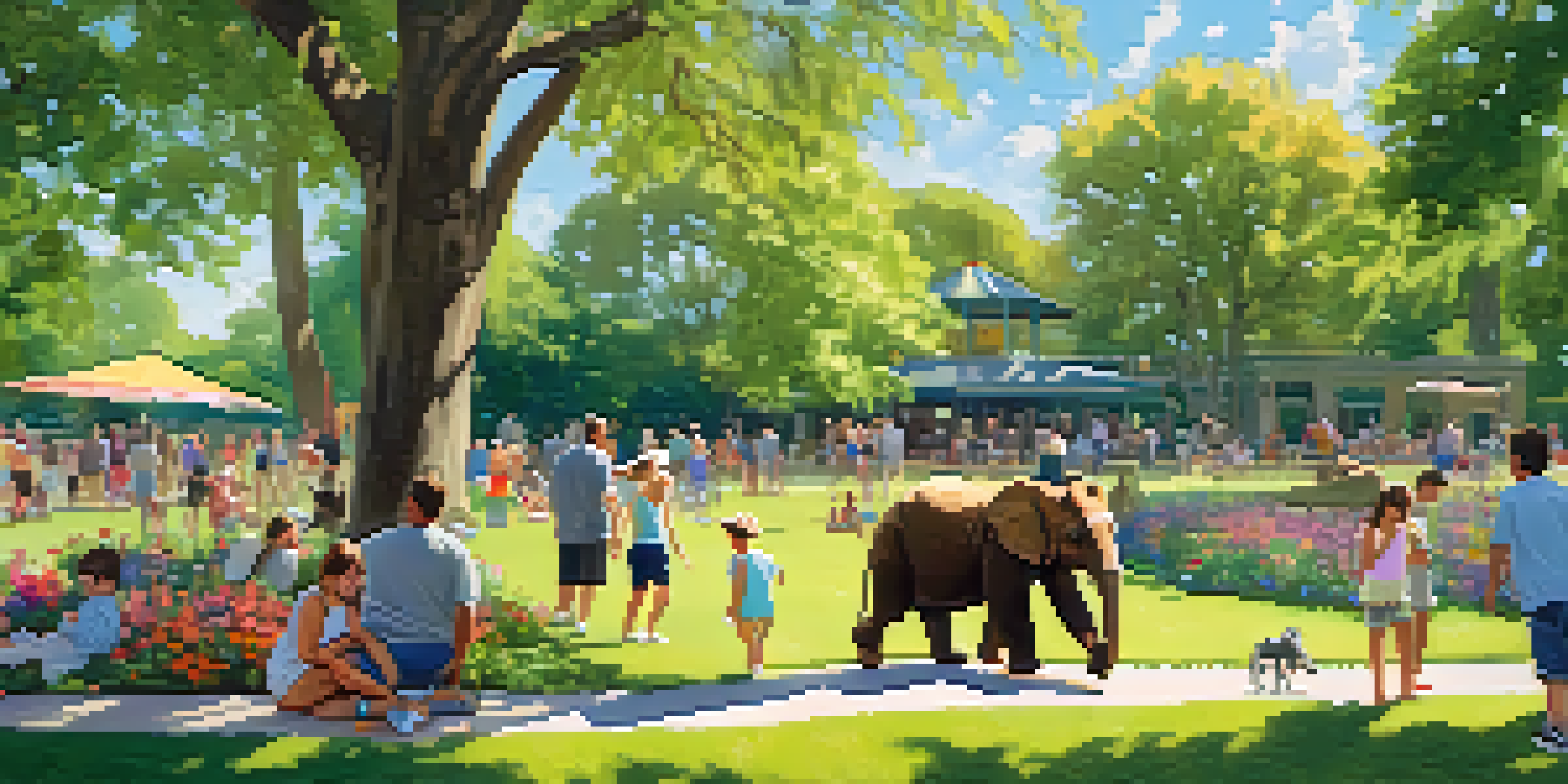 Families enjoying a sunny day at Lincoln Park Zoo, with children observing animals and parents relaxing on the grass.