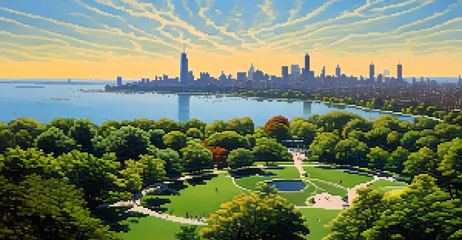 Aerial view of Lincoln Park in Chicago, featuring walking paths, the zoo, and the skyline in the distance.