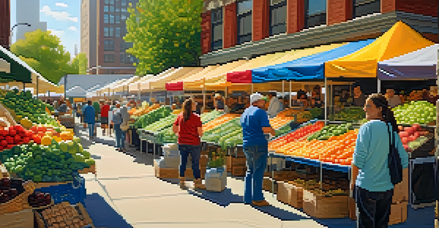 A vibrant farmer's market in Chicago with fresh produce and people engaging with local vendors.
