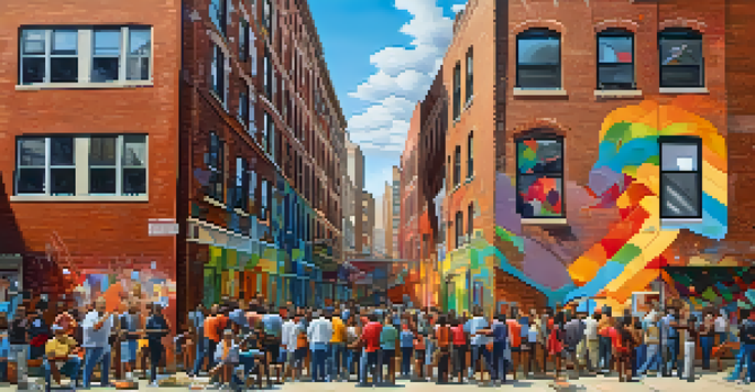 A colorful mural in a Chicago alley where diverse artists collaborate, painting together with a sunny backdrop.