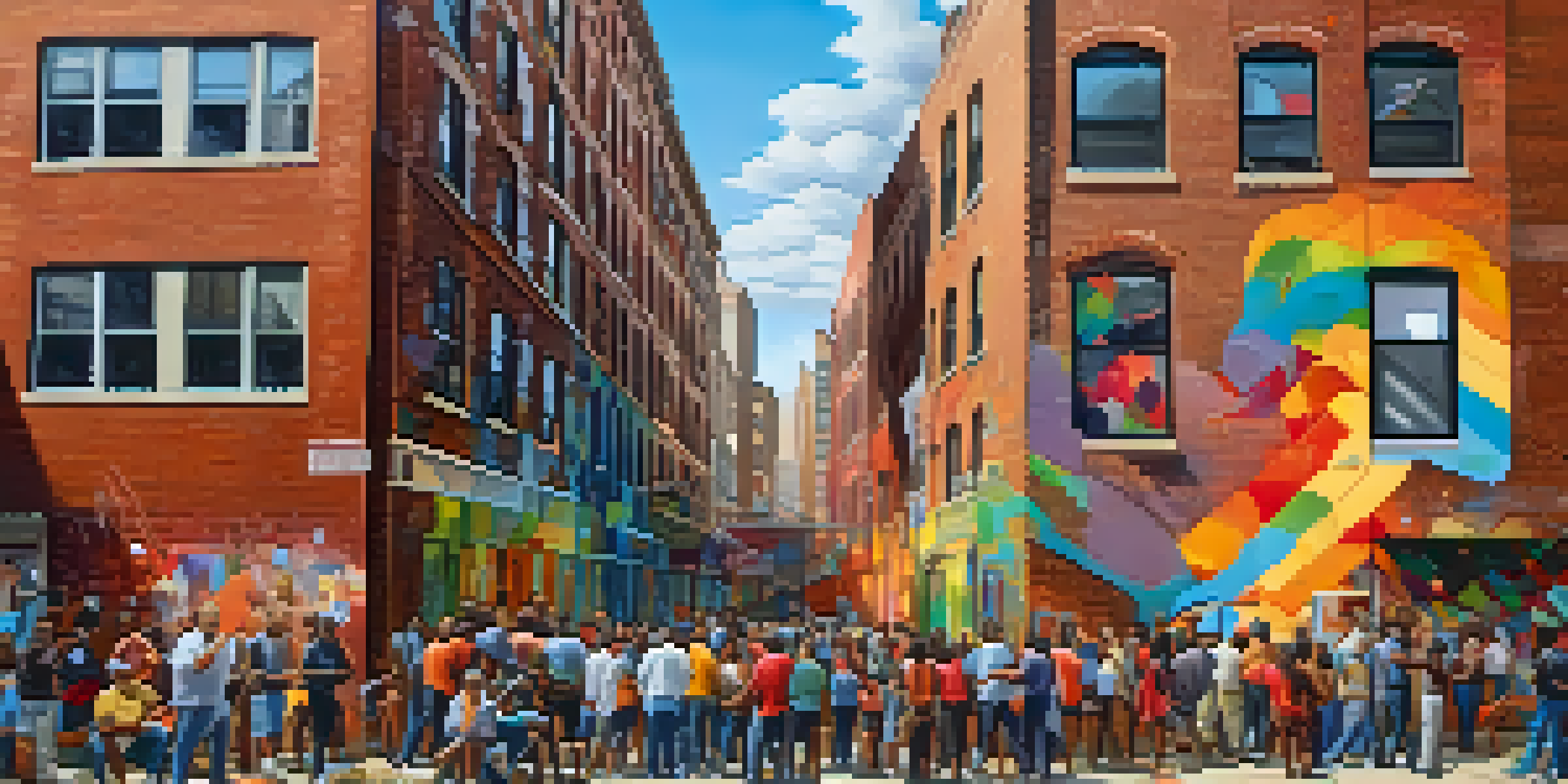 A colorful mural in a Chicago alley where diverse artists collaborate, painting together with a sunny backdrop.