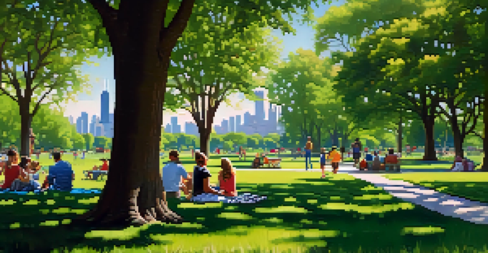 A scenic view of Lincoln Park in Chicago featuring green meadows, flower gardens, and the city skyline in the background. People are picnicking and walking along paths.