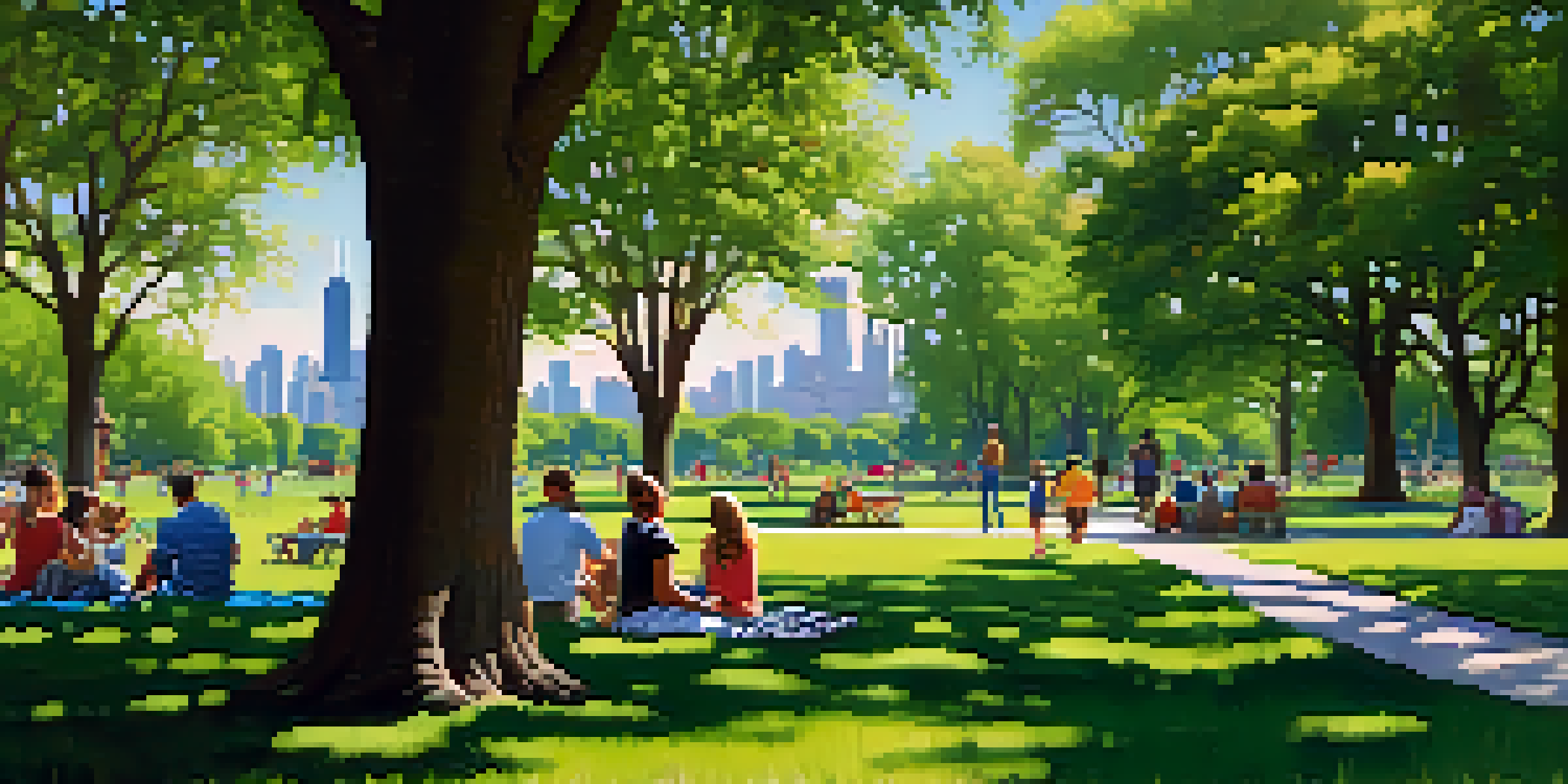 A scenic view of Lincoln Park in Chicago featuring green meadows, flower gardens, and the city skyline in the background. People are picnicking and walking along paths.