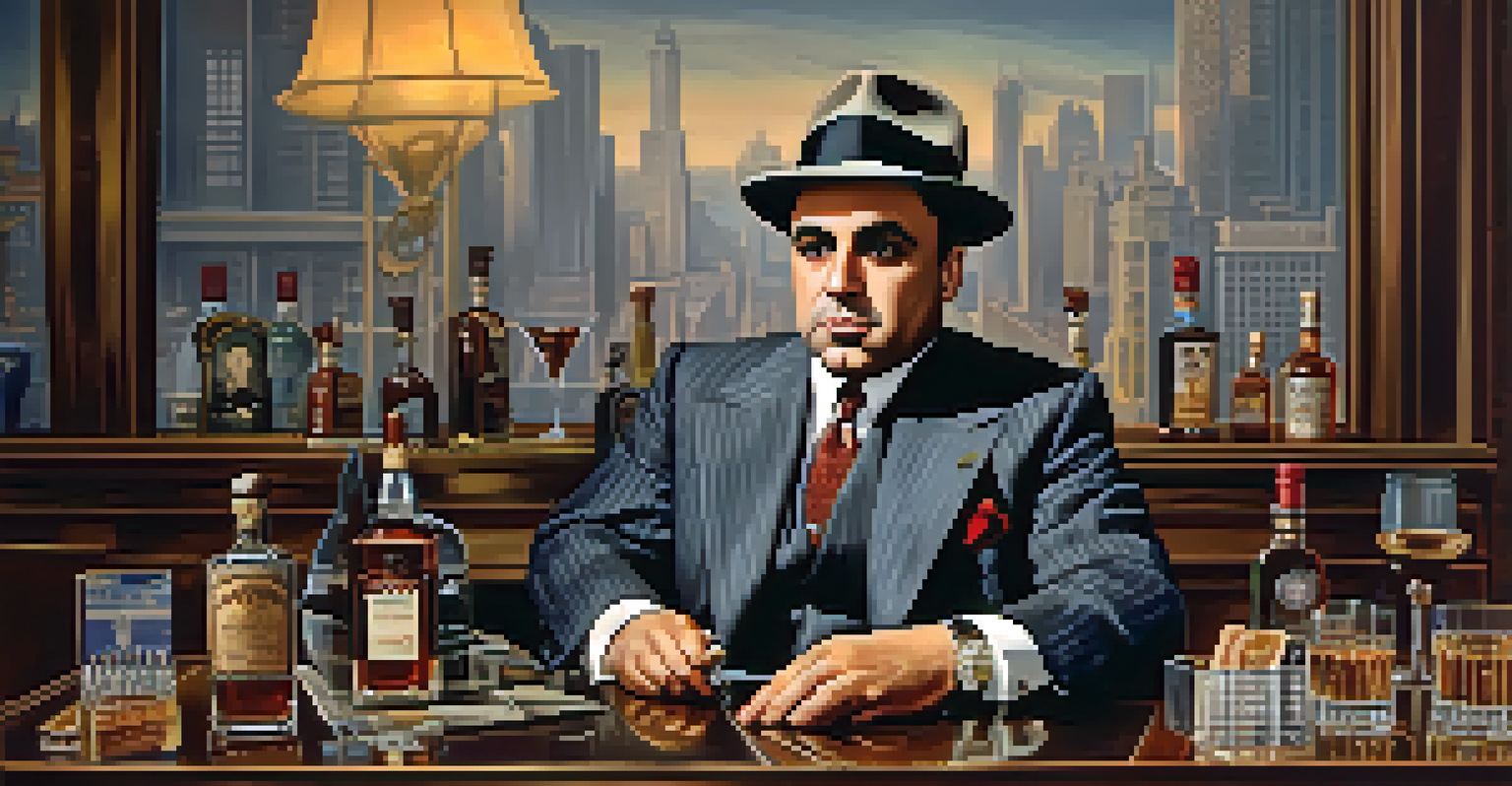 A portrait of Al Capone at a desk with liquor bottles, exuding charisma and menace.
