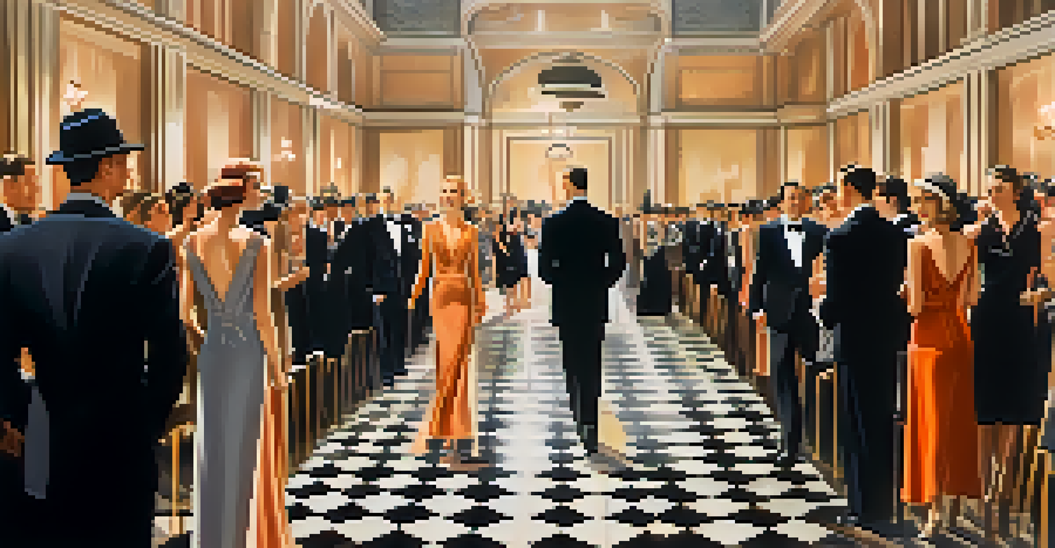 A 1930s fashion show in Chicago featuring elegantly dressed models in tailored outfits under soft lighting, with an audience in sophisticated attire.