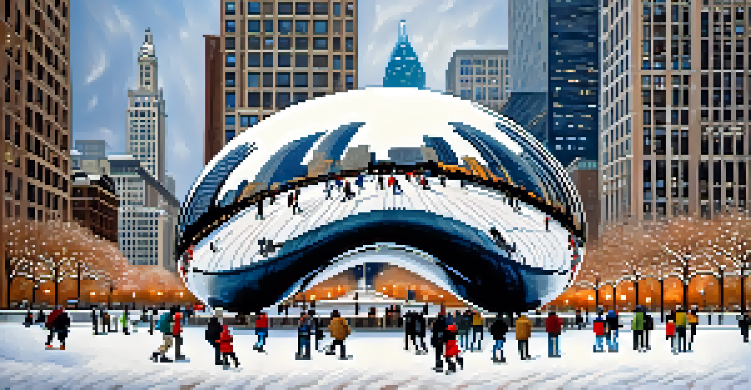 Winter scene in Millennium Park, Chicago, with 'The Bean' sculpture surrounded by snow and people ice skating.