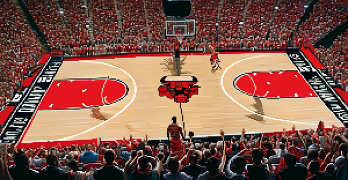 A Chicago Bulls basketball game in the United Center with players in action, fans cheering, and vibrant red and black colors.