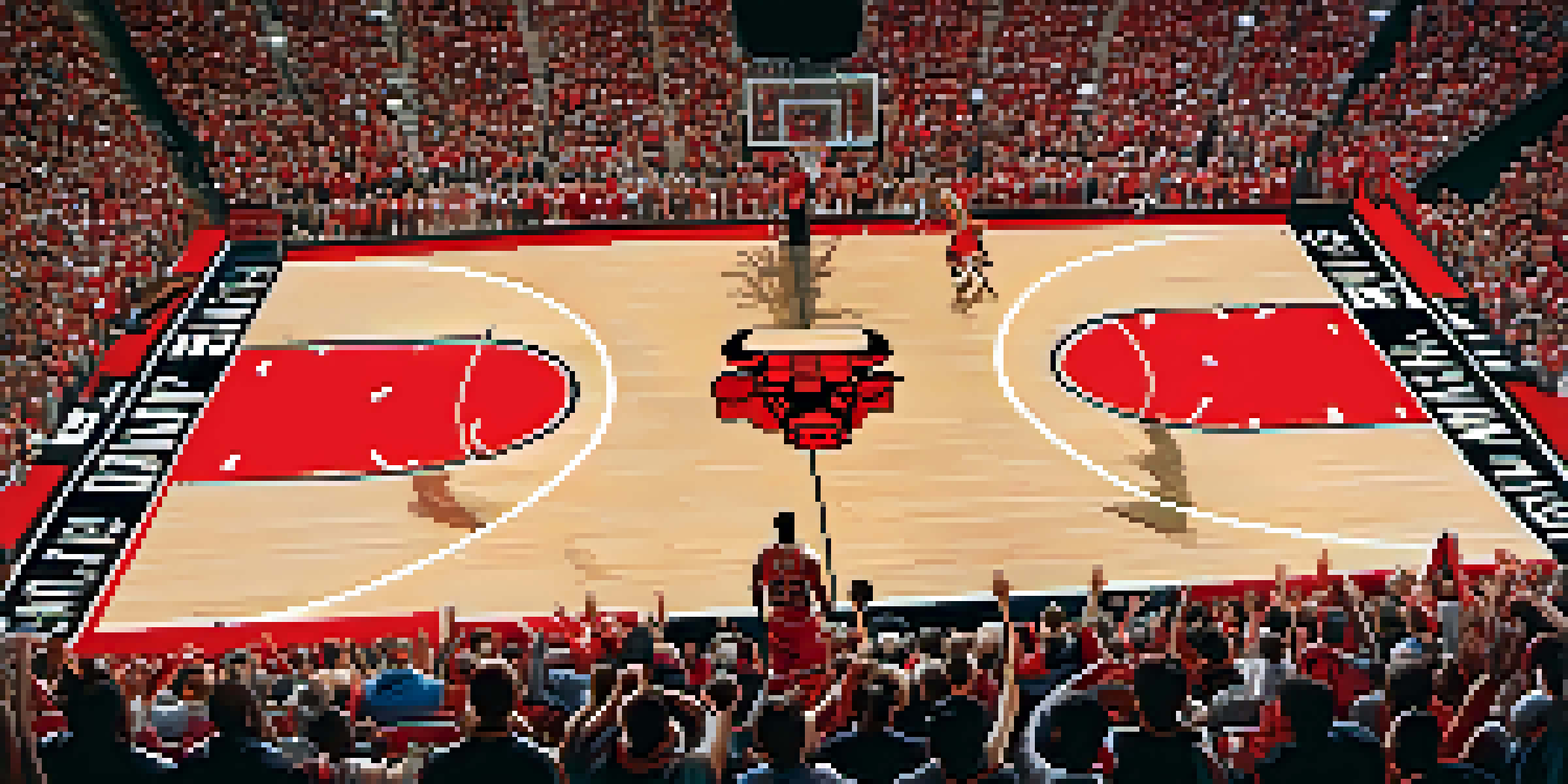 A Chicago Bulls basketball game in the United Center with players in action, fans cheering, and vibrant red and black colors.