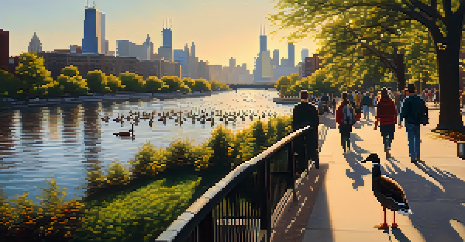 A picturesque view of the Chicago Riverwalk with ducks and geese in the river and the city skyline in the background.