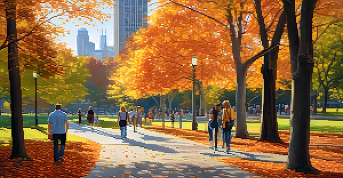 A peaceful autumn scene in Grant Park with people walking on a path surrounded by colorful leaves and the Chicago skyline in the background.