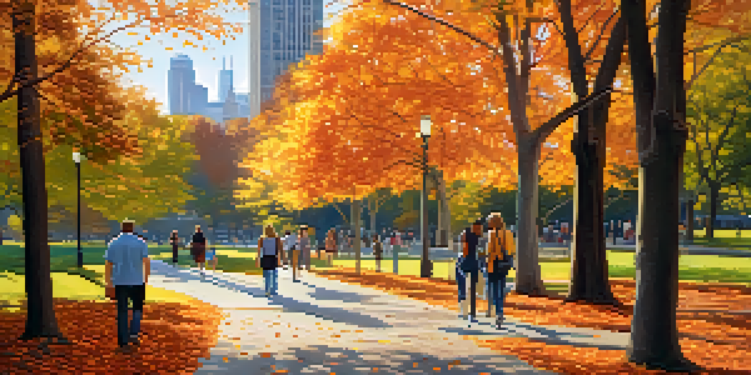 A peaceful autumn scene in Grant Park with people walking on a path surrounded by colorful leaves and the Chicago skyline in the background.