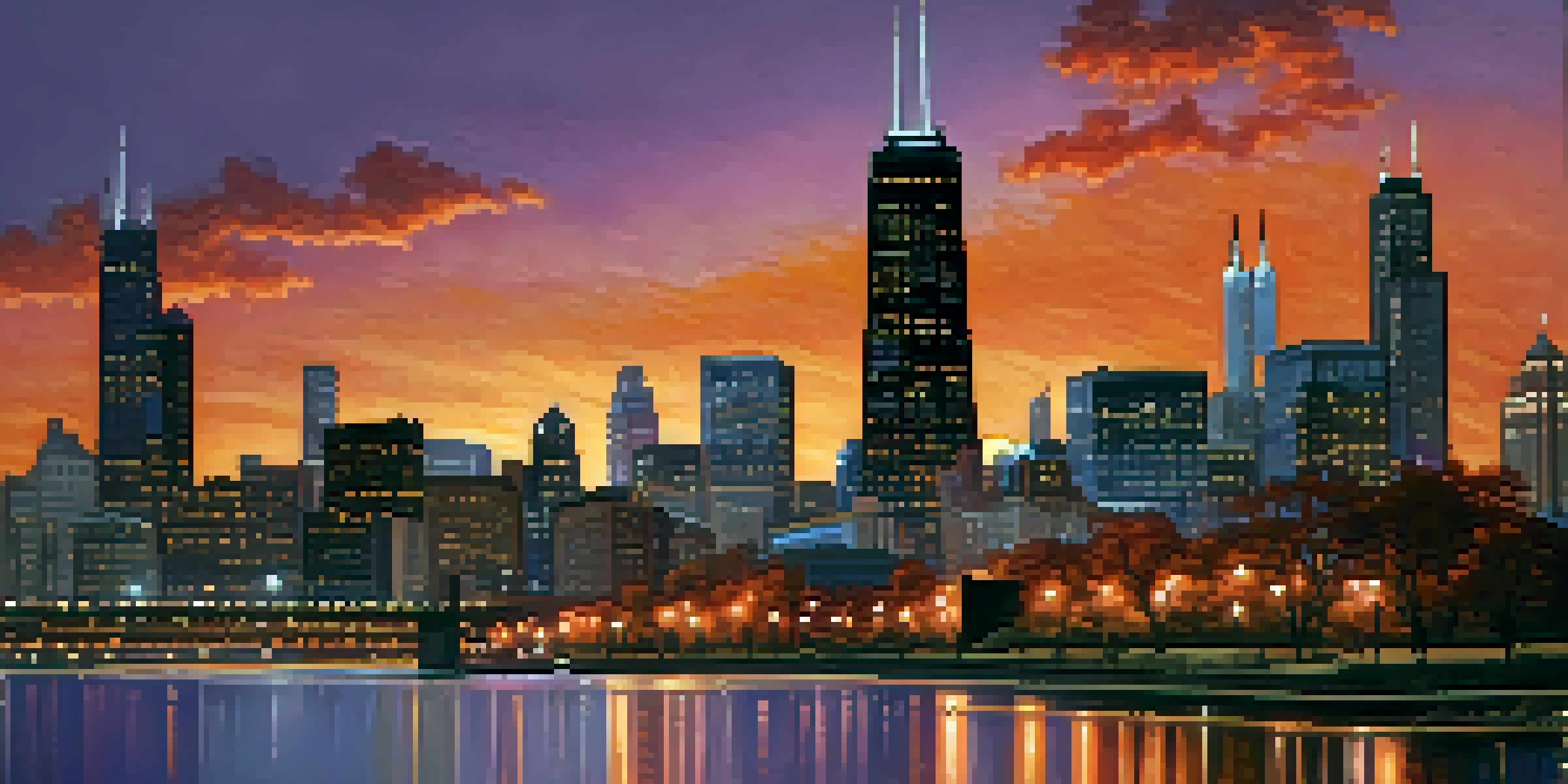 A panoramic view of Chicago's skyline at dusk with a colorful sunset and river reflection.