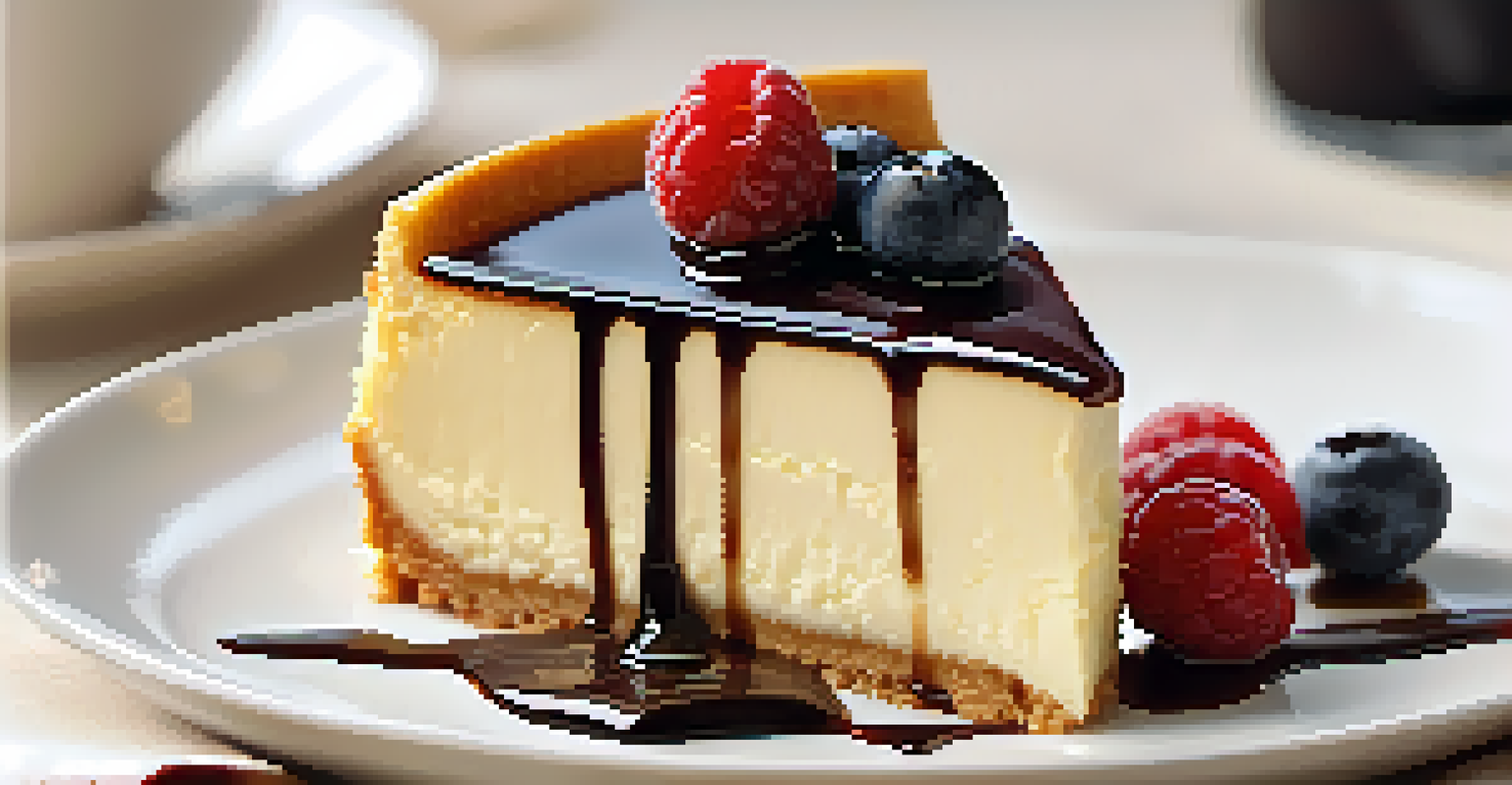 A slice of creamy cheesecake on a plate with chocolate sauce and berries.