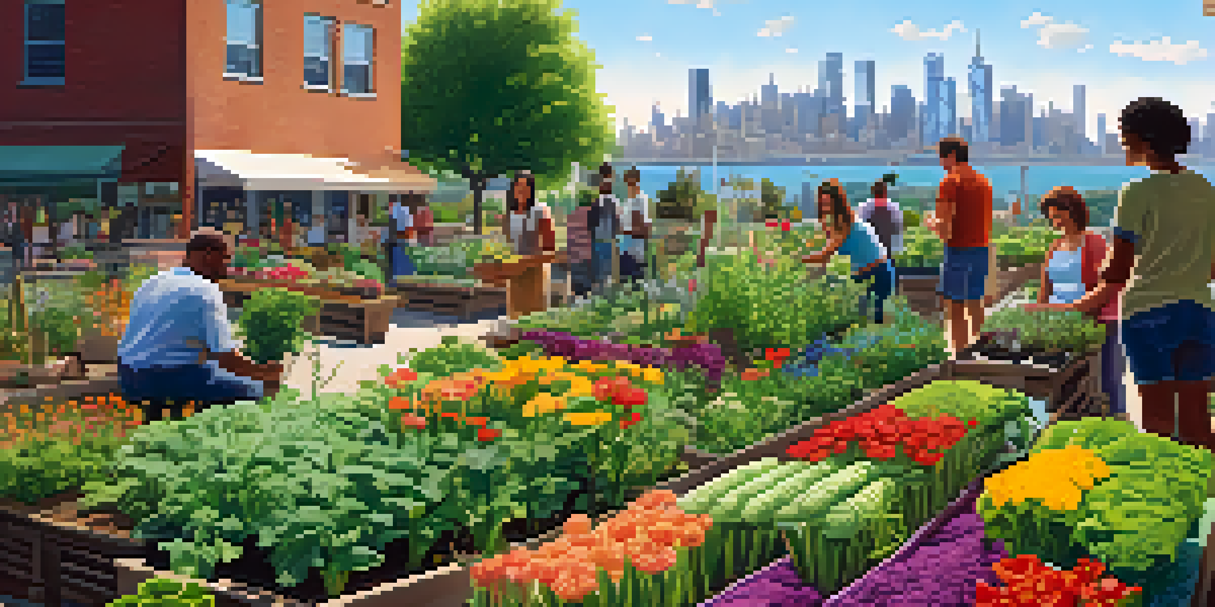 A diverse group of people gardening in a colorful community garden with a city skyline in the background.