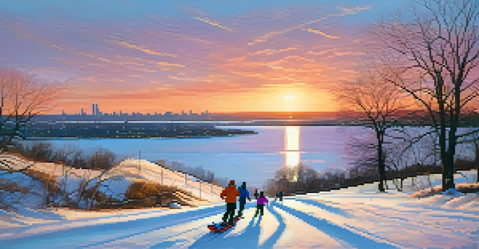 Families enjoying sledding at Montrose Harbor during a beautiful sunset over Lake Michigan.