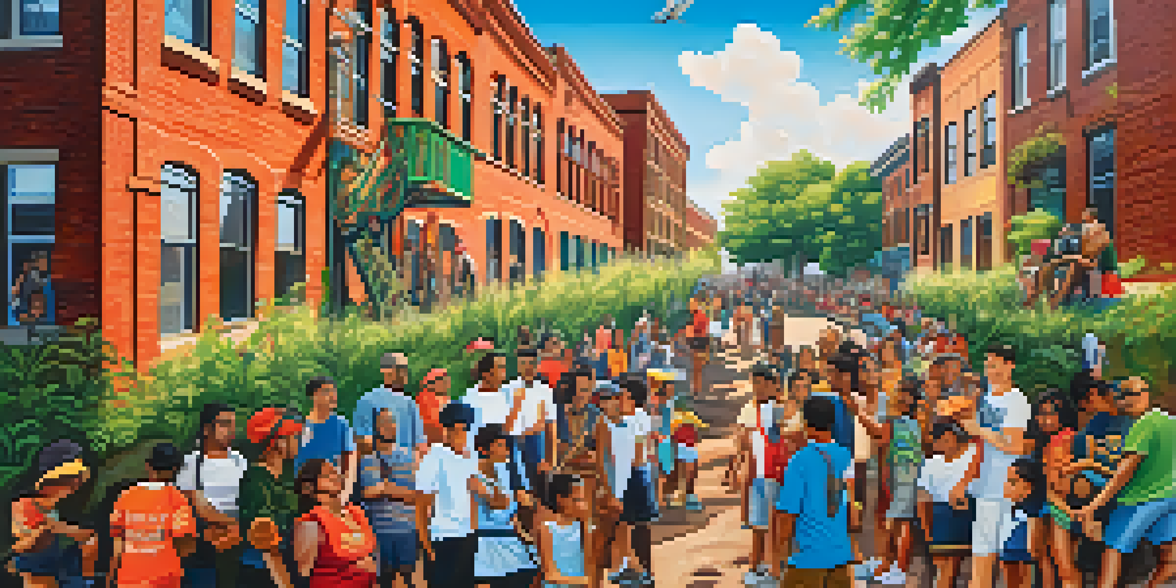 A colorful mural in Pilsen depicting community and cultural symbols, surrounded by greenery and people admiring it.