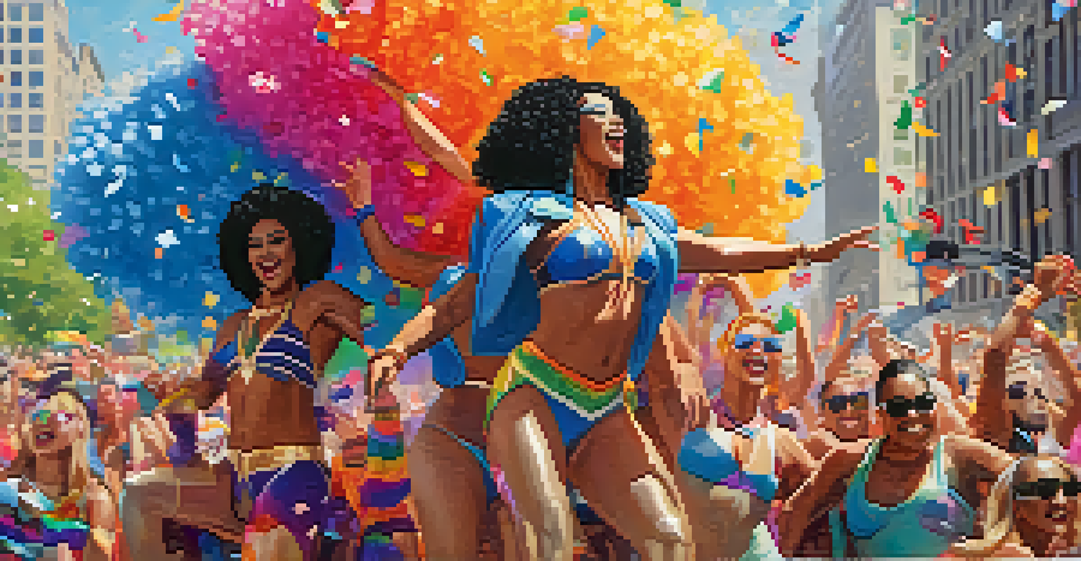 A group of drag performers in bright costumes dancing on a float at the Chicago Pride Parade, with cheering spectators and colorful confetti in the background.