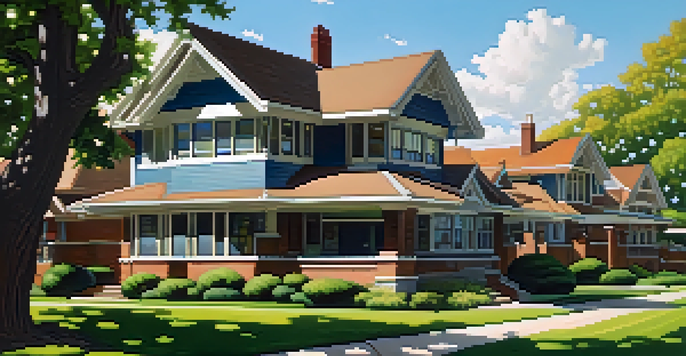 A scenic view of a row of Frank Lloyd Wright's Prairie style homes in Oak Park, surrounded by greenery under a clear blue sky.